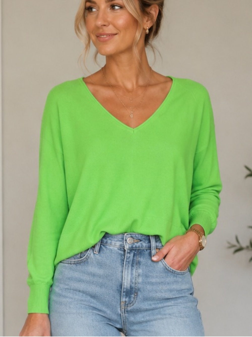 NWOT Massimo Dutti Vibrant Green V-Neck Long Sleeve Boxy Top size Large